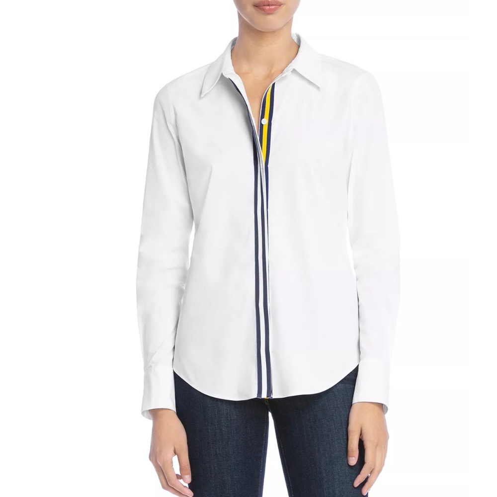 Bailey 44 Skipper Ribbon-Trim L/S Shirt Stretch Cotton Blouse White USA